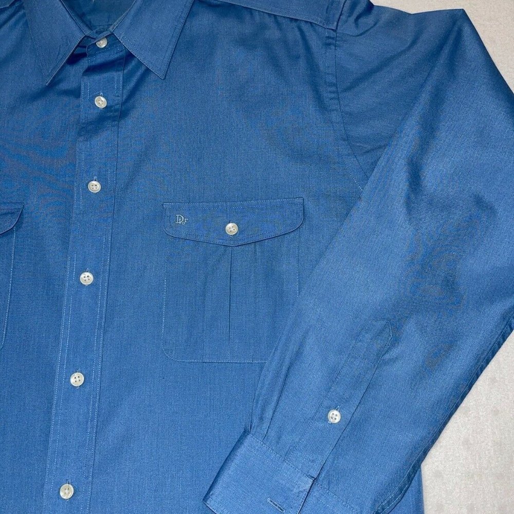 Mens Christian Dior Blue Monogramed Button Down Dress Shirt Large - Picture 4 of 11